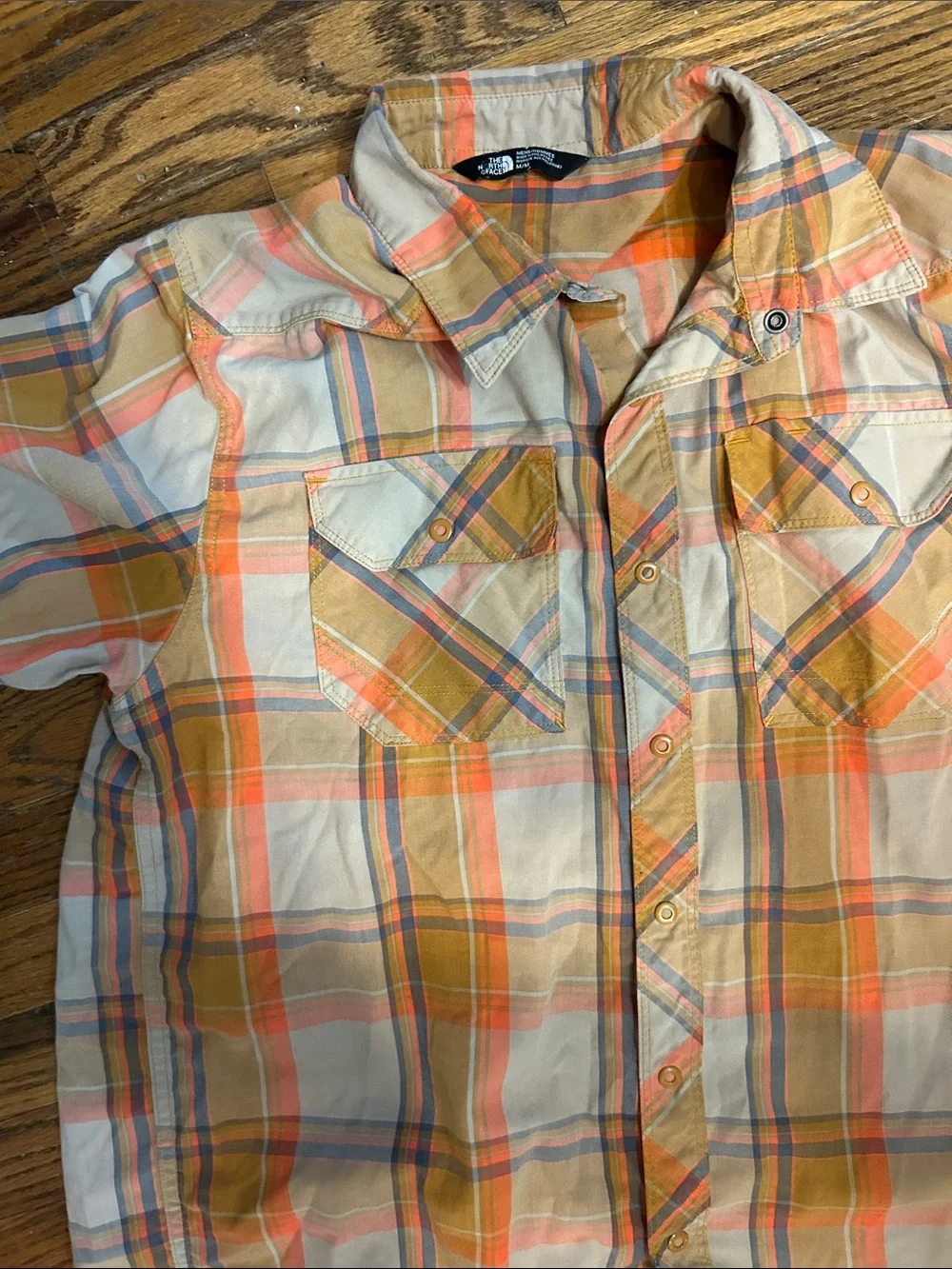 The North Face Orange and Cream Plaid Short Sleeve Button-Down Shirt